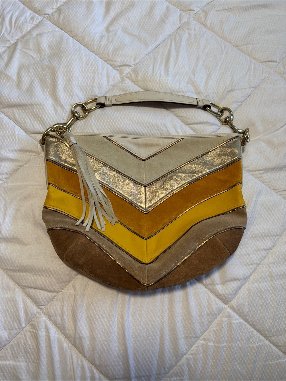 Coach Y2K Chevron Patchwork Leather & Suede Hobo Bag - Yellow Multi like new!
